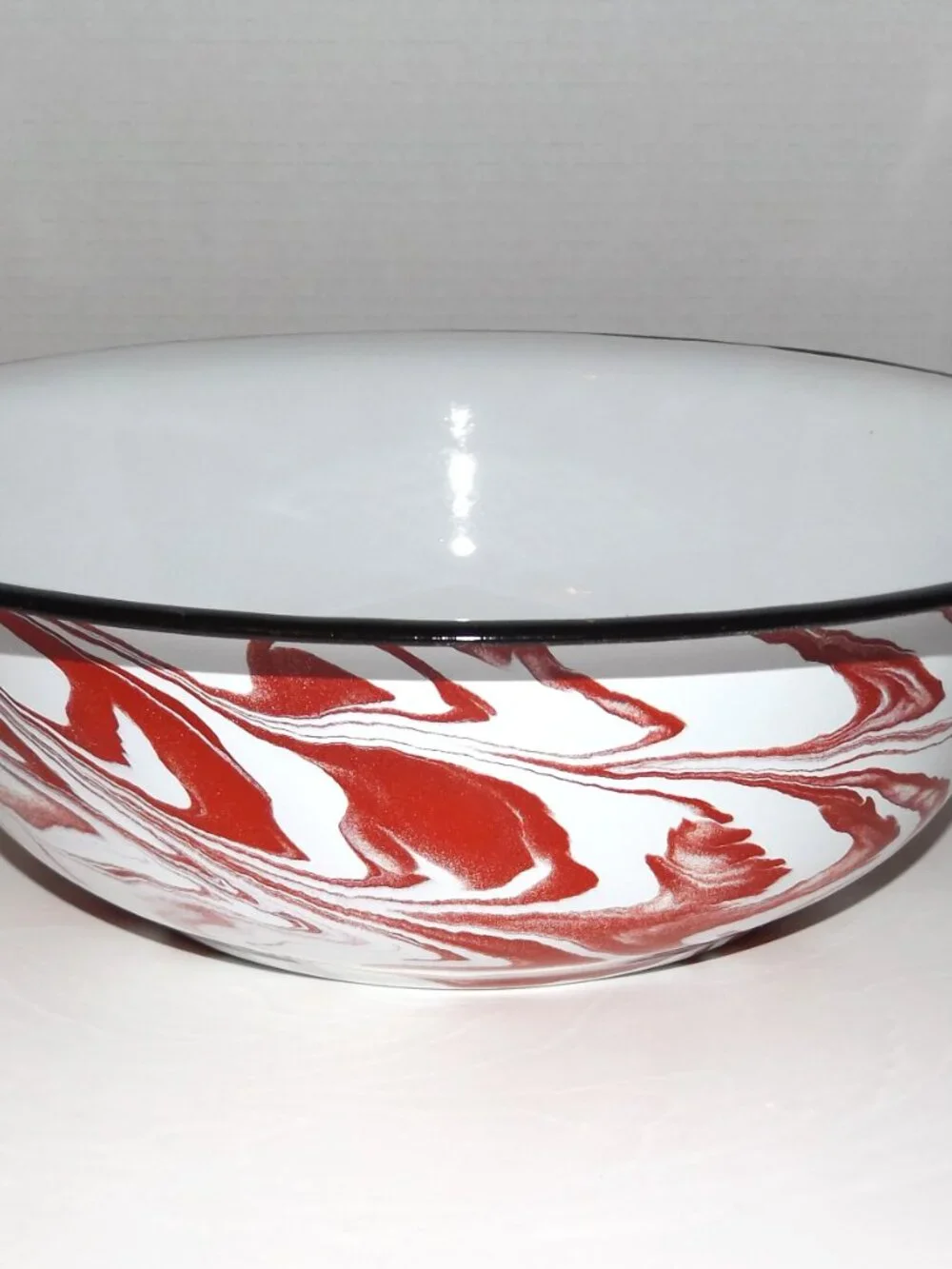 Vintage 12 ½” Red Swirl Enamelware Bowl Black Rim w/Rack Marks